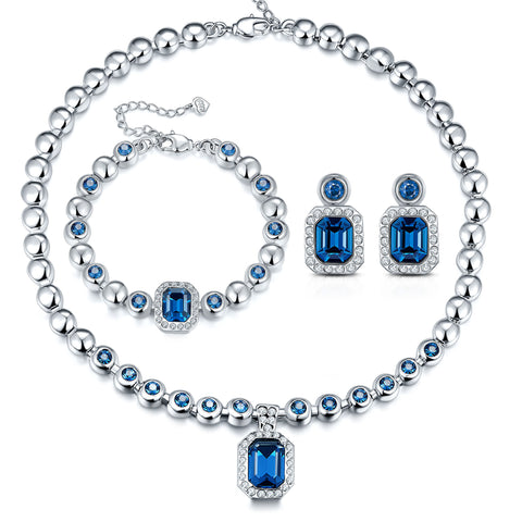T400 Blue Crystal Pendant Necklace, Stud Earrings and Link Bracelet Jewelry Set for Women