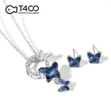 T400 Blue Butterfly Crystal Pendant Necklace and Stud Earrings Jewelry Set for Women Gift