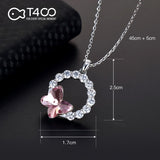 T400 Blue Pink Butterfly Crystal Round Pendant Necklace Gfit for Girls Women