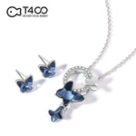 T400 Blue Butterfly Crystal Pendant Necklace and Stud Earrings Jewelry Set for Women Gift