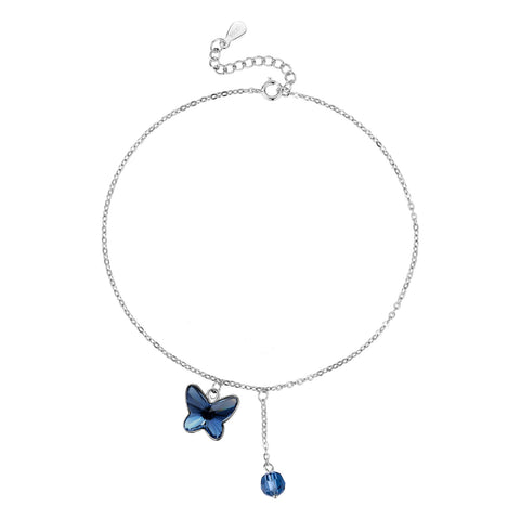T400 925 Sterling Silver Blue Pink Crystal Butterfly Anklet Foot Chain Women Girls