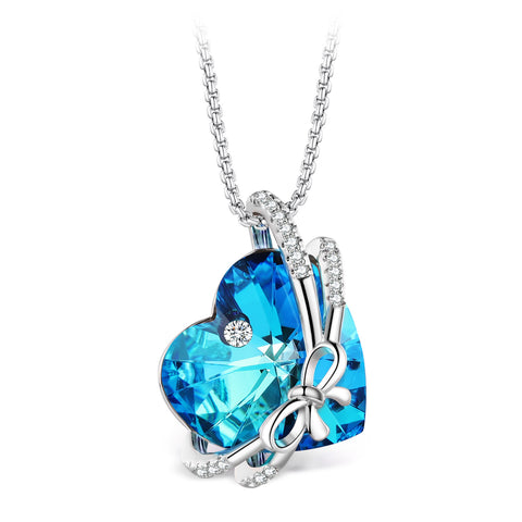 T400 Blue Purple Crystal Bowknot Heart Pedant Necklaces for Women Gift