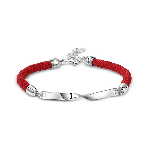 T400 925 Sterling Silver Red Black Braided Rope Bracelet Moebius Ring Valentine's Day Gift for Women Girls Men Boys