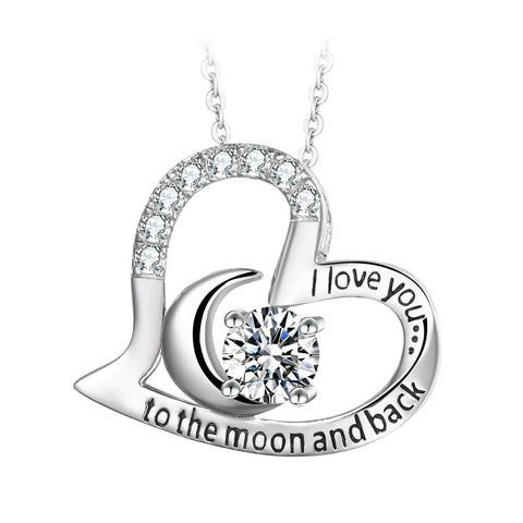 T400 925 Sterling Silver I Love You to The Moon and Back White Heart Pendant Necklace for Women