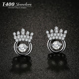 T400 "Crown" 925 Sterling Silver Dancing Stone Stud Earrings Cubic Zirconia for Women