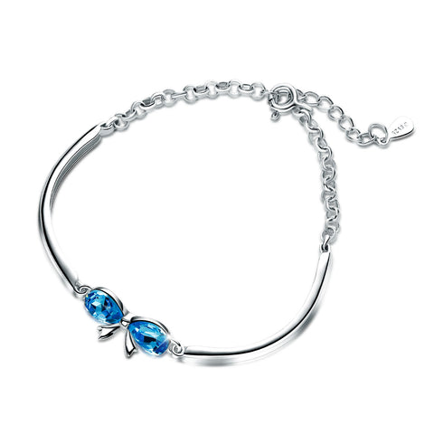 T400 925 Sterling Silver Blue Crystals Bow Knot Bracelet Birthday Gift for Women Girls