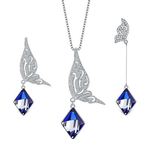 T400 Bue Butterfly Wing Jewelry Set, Changing Color Cubic Pendant Necklace and Earrings Gift Women