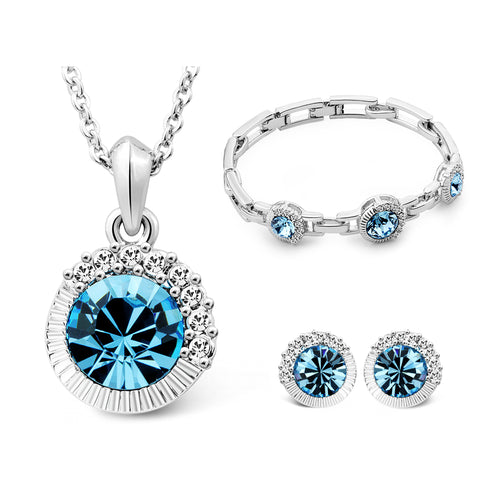 T400 Frozen Beauty Light Blue Pendant Necklace, Stud Earrings and Link Bracelet Crystal Jewelry Set Women