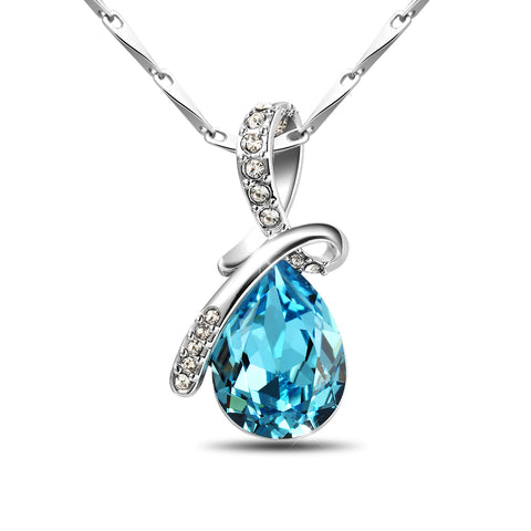 T400 925 Sterling Silver Blue Crystal Teardrop Pendant Necklace Gift for Women