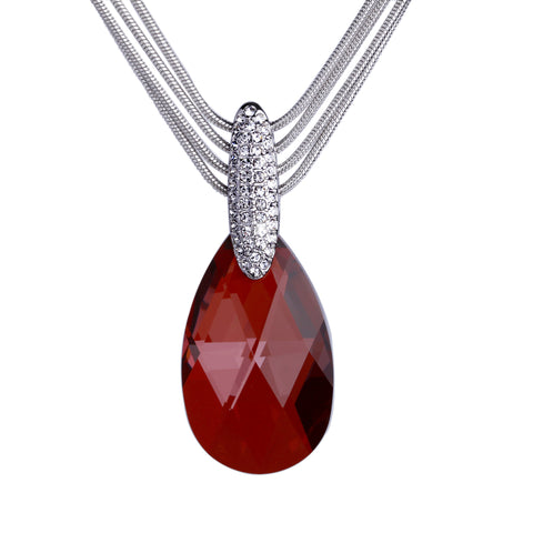 T400 Red Crystal Teardrop Pendant Necklace Simulated Garnet Gift for Women Girls