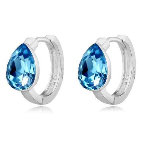 T400 925 Sterling Silver Water Drop Crystal Blue Hoop Earrings Kids Gift