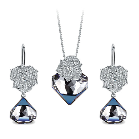 T400 Floral Gray Crystals Jewelry Set, Changing Color Triangle Pendant Necklace and Earrings