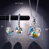 T400 Blue Purple Green White Gold Crystal Heart Pendant Necklace Earrings Jewelry Set for Women