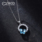 T400 Blue Pink Butterfly Crystal Round Pendant Necklace Gfit for Girls Women