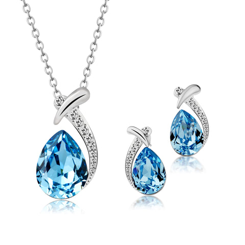 T400 Blue Waterdrop Crystal Pendant Necklace & Stud Earrings Jewelry Sets Women