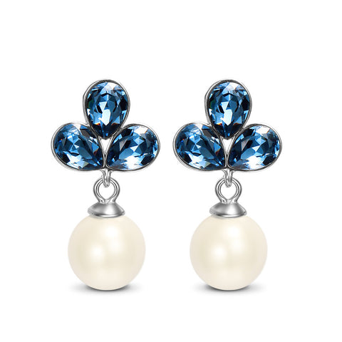 T400 Quiet Orchid Navy Earrings with Blue Crystal & Artificial Pearls Gift for Women Girls