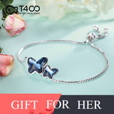 T400 925 Sterling Silver Blue Butterfly Crystal Link Bolo Adjustable Bracelet Gift for Women