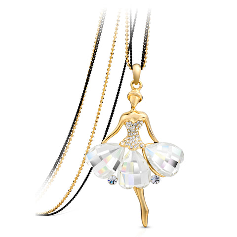 T400 Golden Ballet Dancer Long Sweater Chain Crystal Pendant Necklace for Women Girls